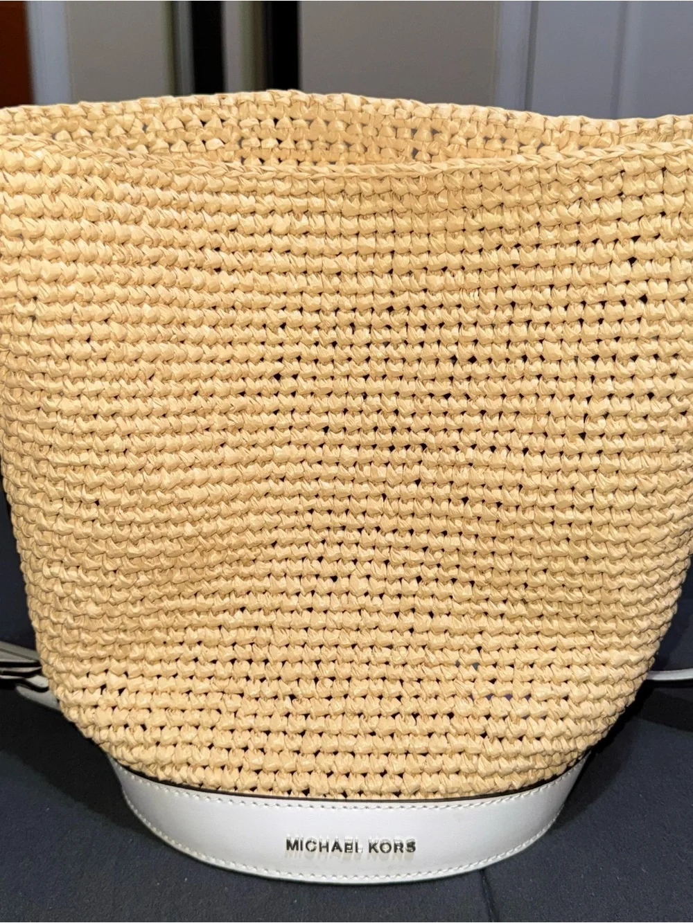 Michael Kors White & Tan Woven Crossbody Bucket Bag